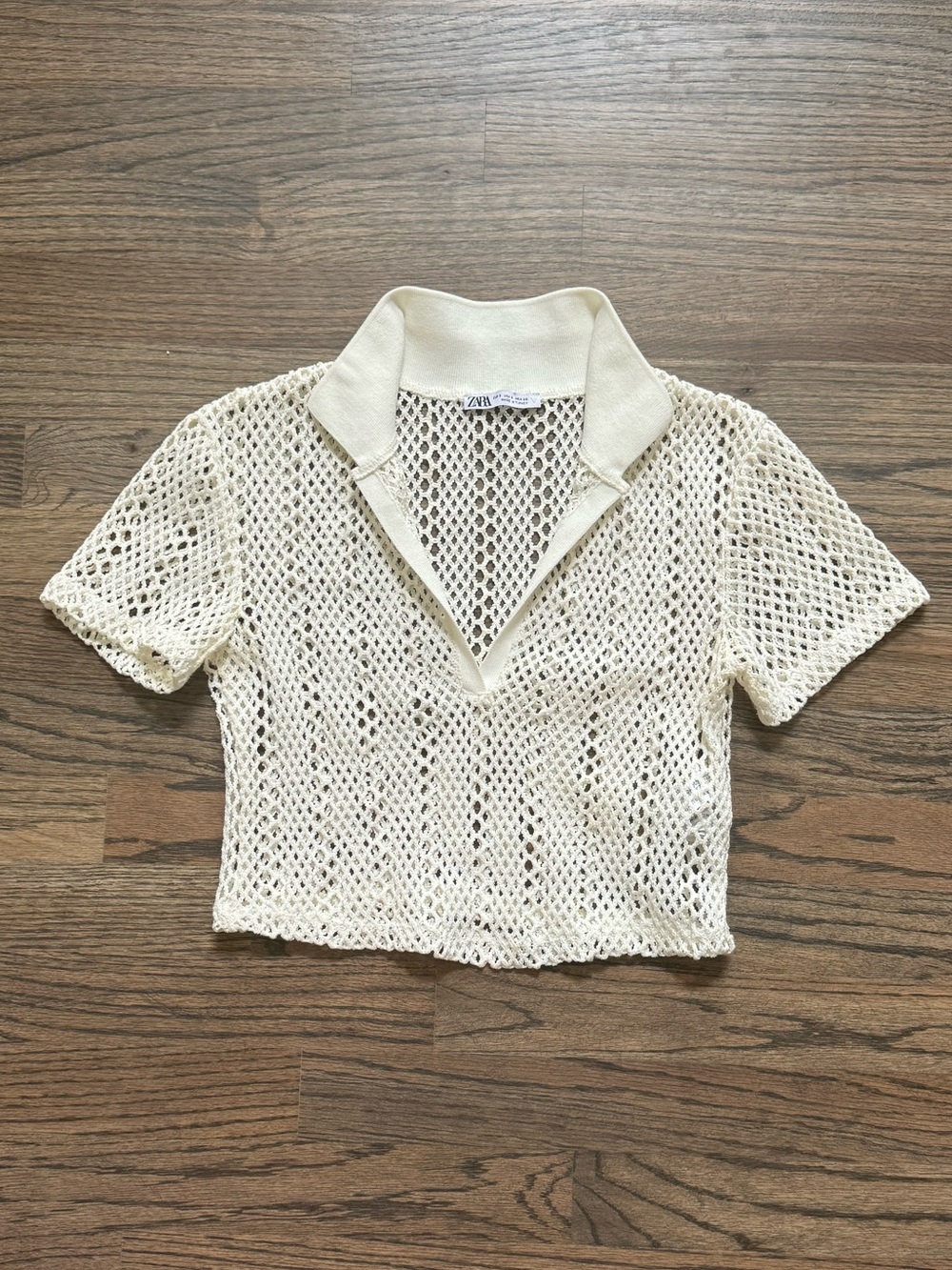 Zara Cream Open-Knit Cropped Polo Tee